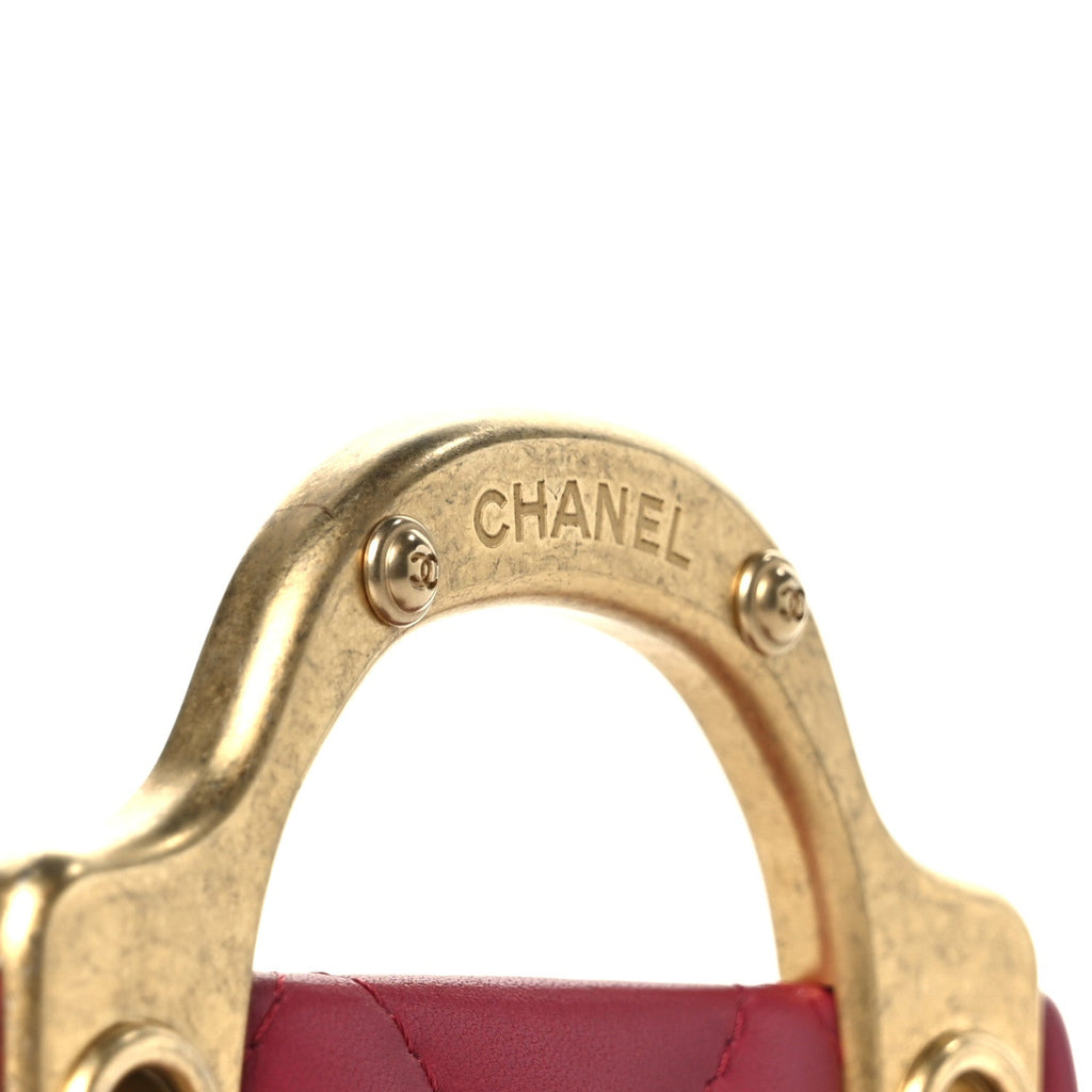 Calfskin Quilted Lady Handle Flap  Holder With Chain Dark Pink