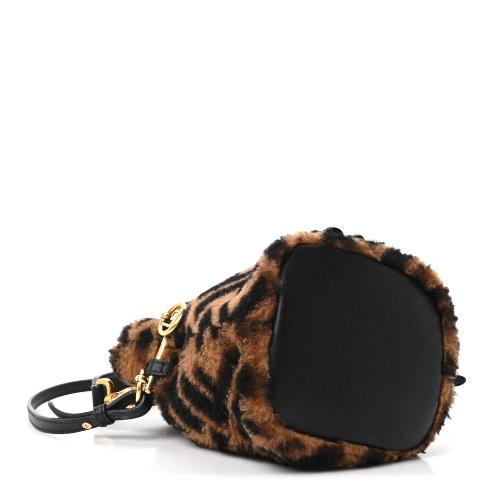 Shearling Vitello Dolce F is Fendi Macro FF 1974 Mini Mon Tresor Bucket Bag Tobacco Black