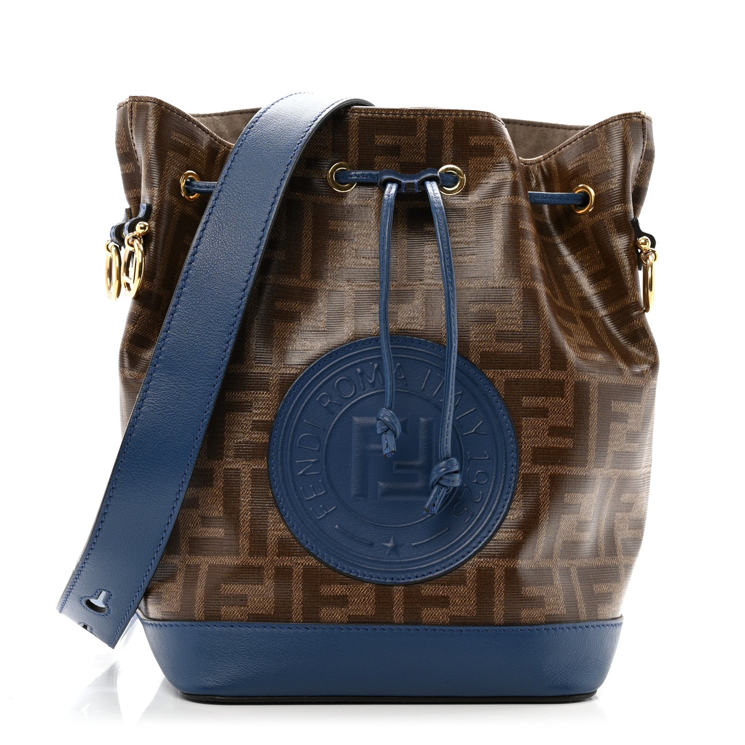 Glazed Fabric Vitello Grace F is Fendi FF 1974 Stamp Patch Grande Mon Tresor Bucket Bag Mogano Panna Iris
