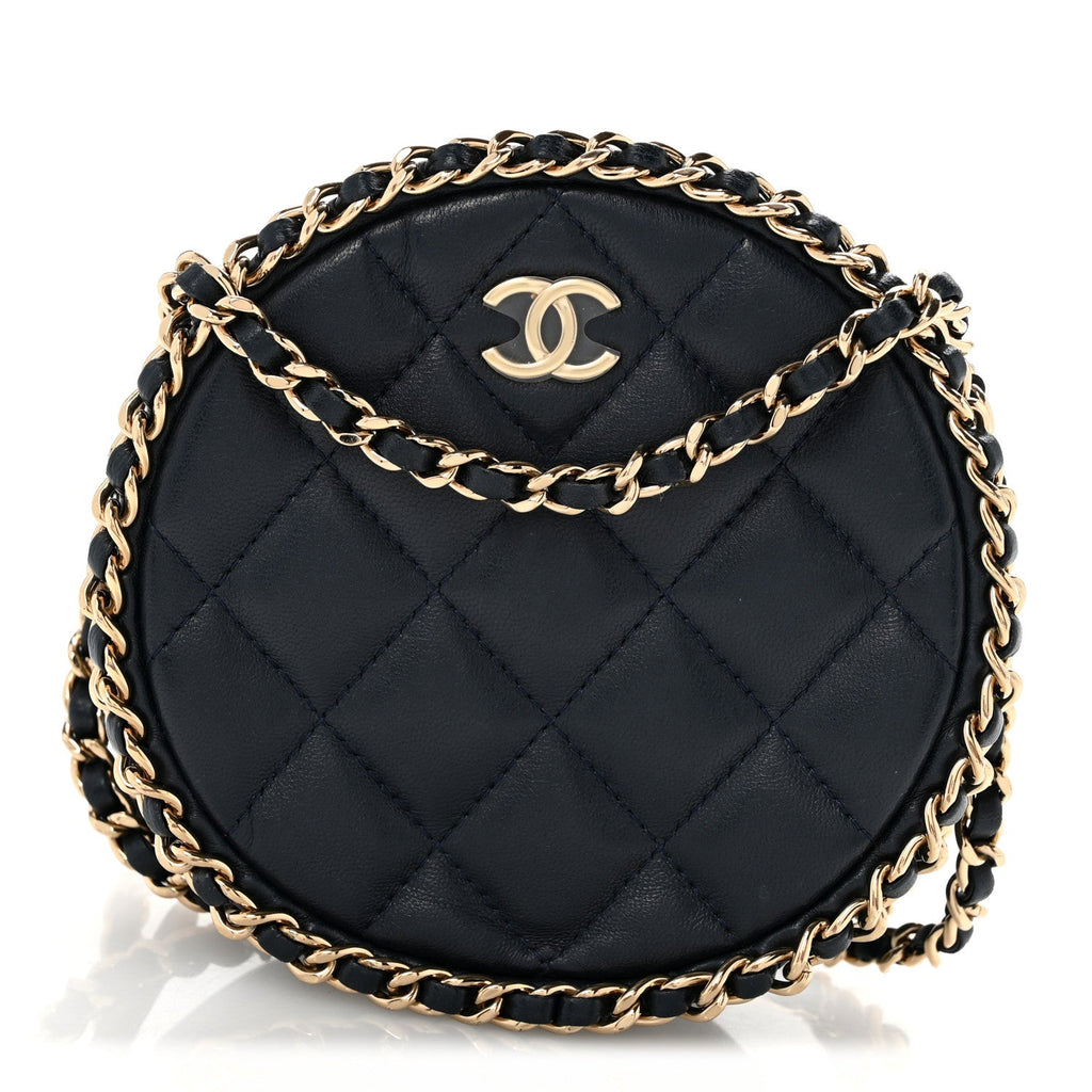 Lambskin Quilted Chain Around CC Round Clutch With Chain Navy