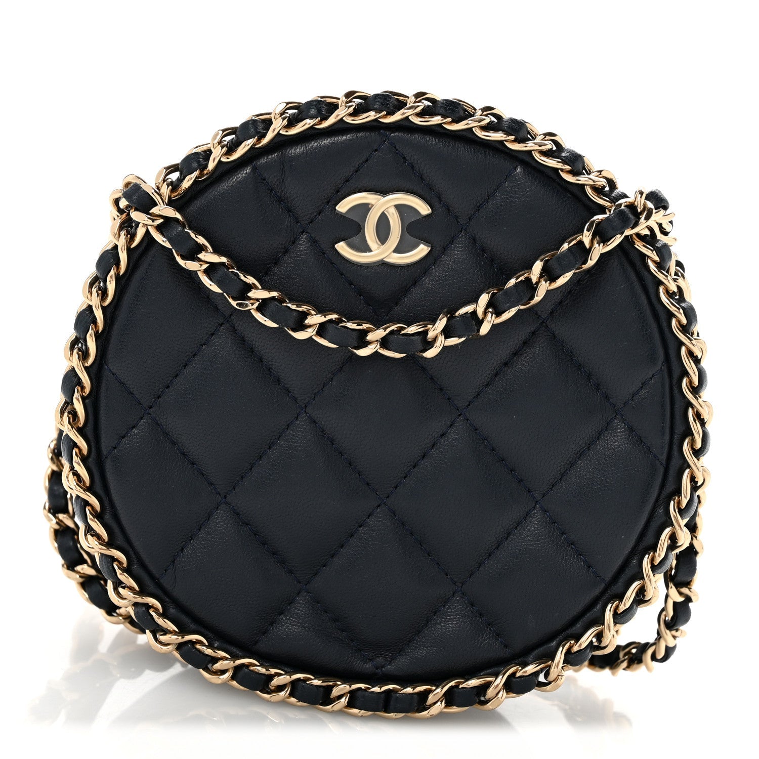 Lambskin Quilted Chain Around CC Round Clutch With Chain Navy