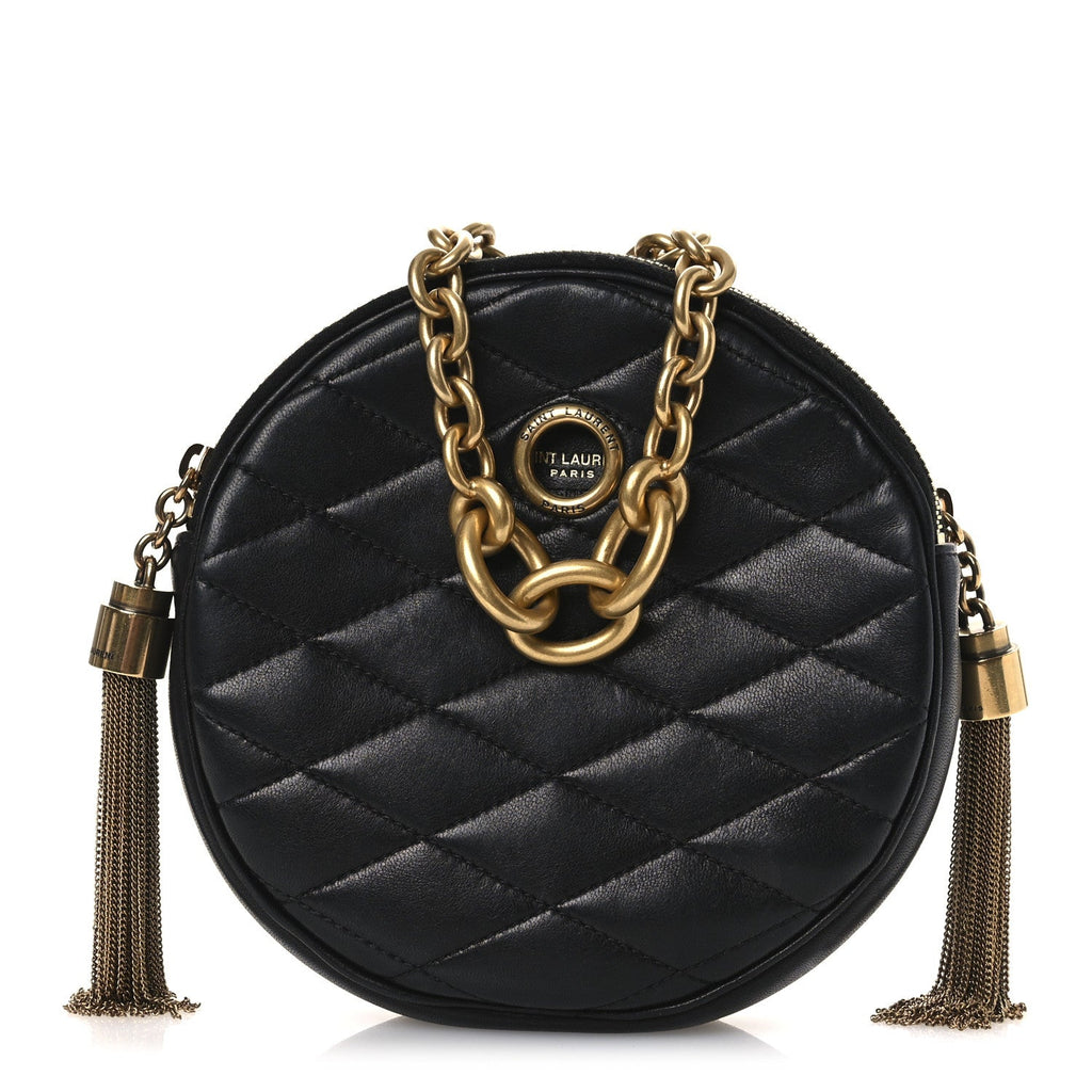 Lambskin Quilted Round Le Maillon Round Tassel Chain Crossbody Bag Black