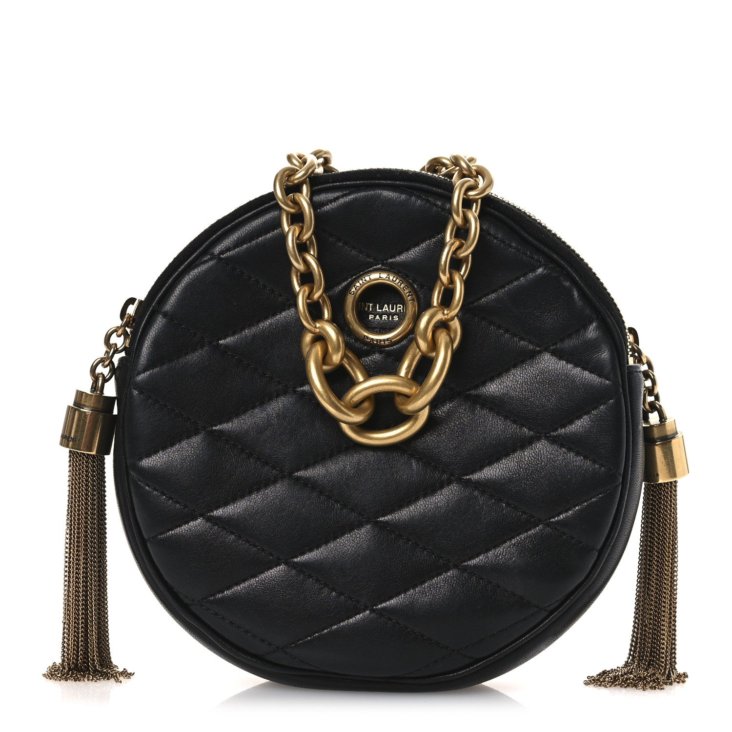Lambskin Quilted Round Le Maillon Round Tassel Chain Crossbody Bag Black