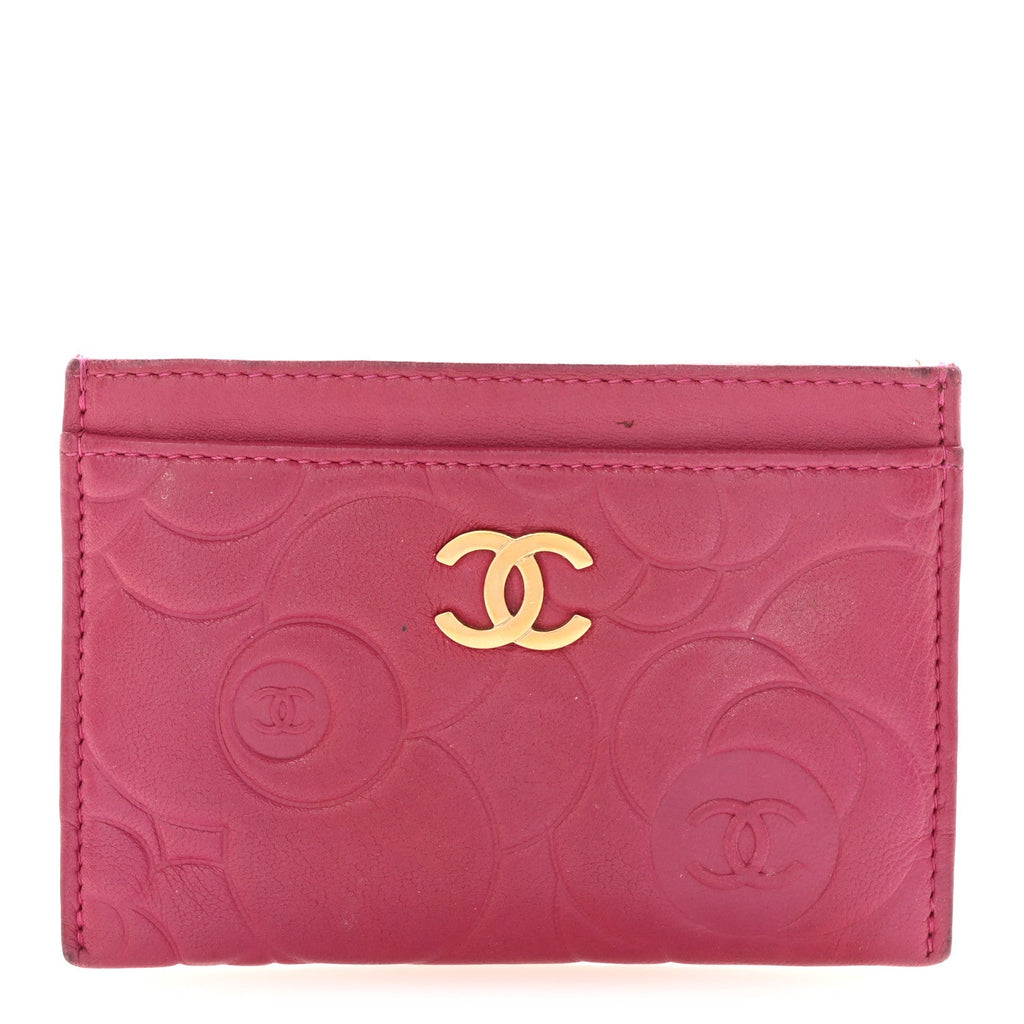 Lambskin Camellia Embossed  Holder Fuchsia