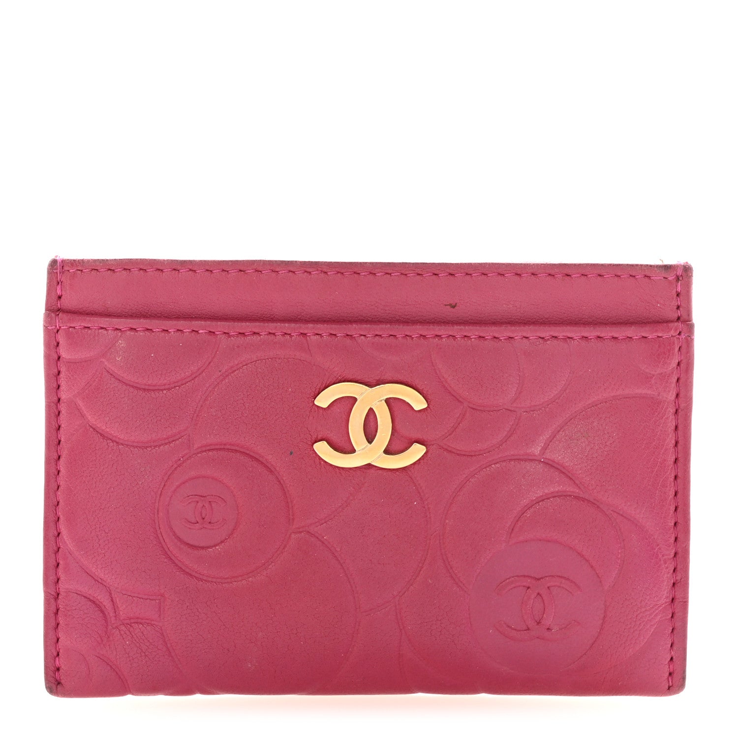 Lambskin Camellia Embossed  Holder Fuchsia