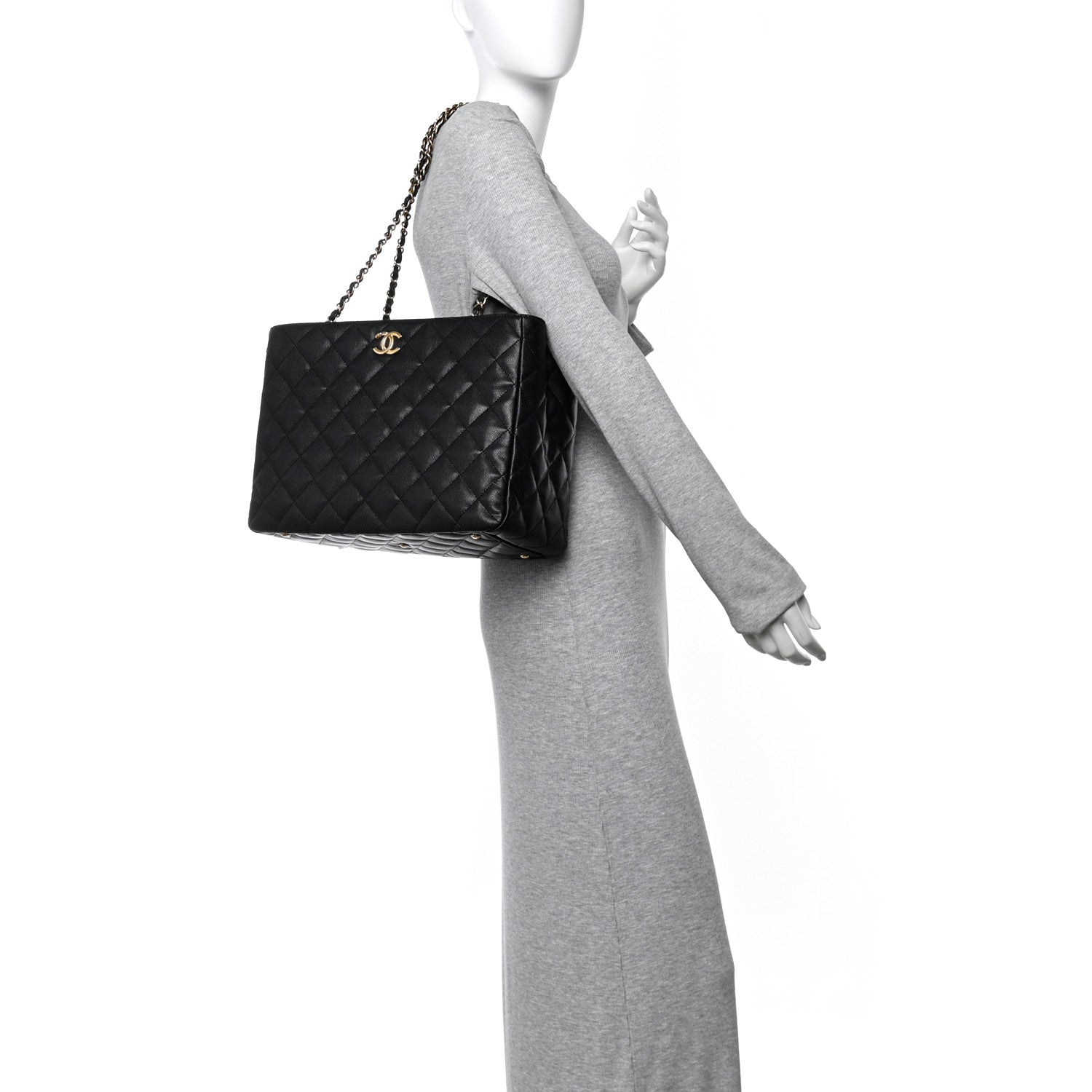 Caviar Quilted Small Shopping Tote Black
