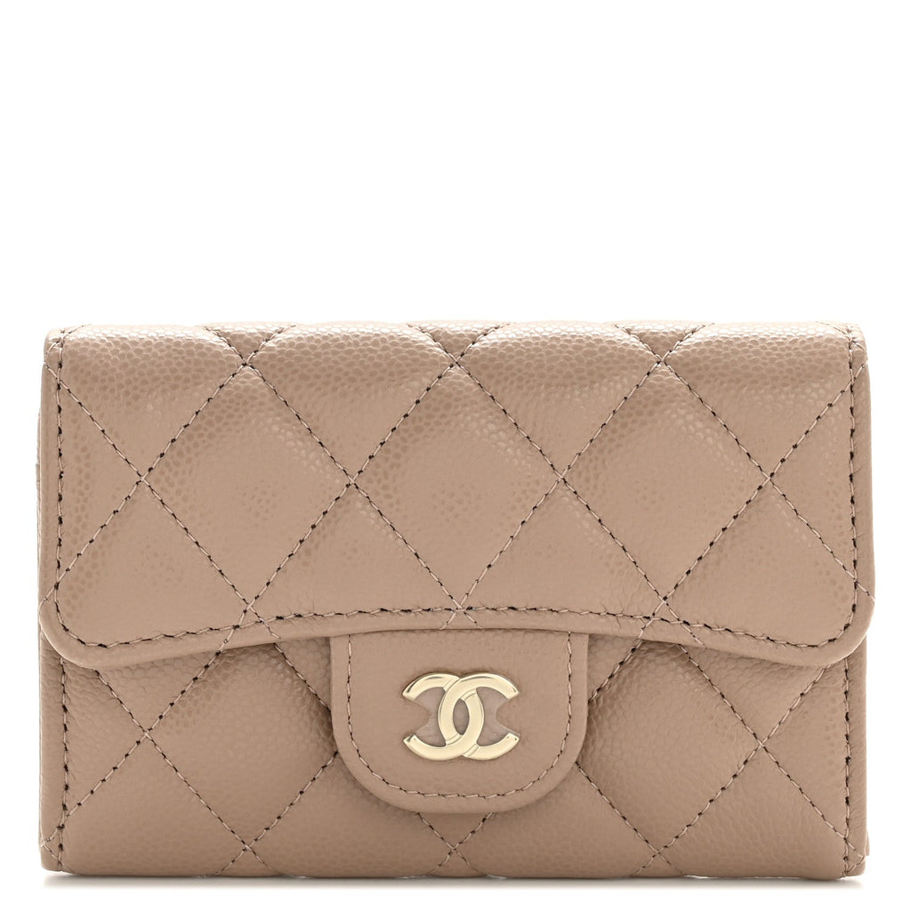 Caviar Quilted Flap  Holder Wallet Dark Beige