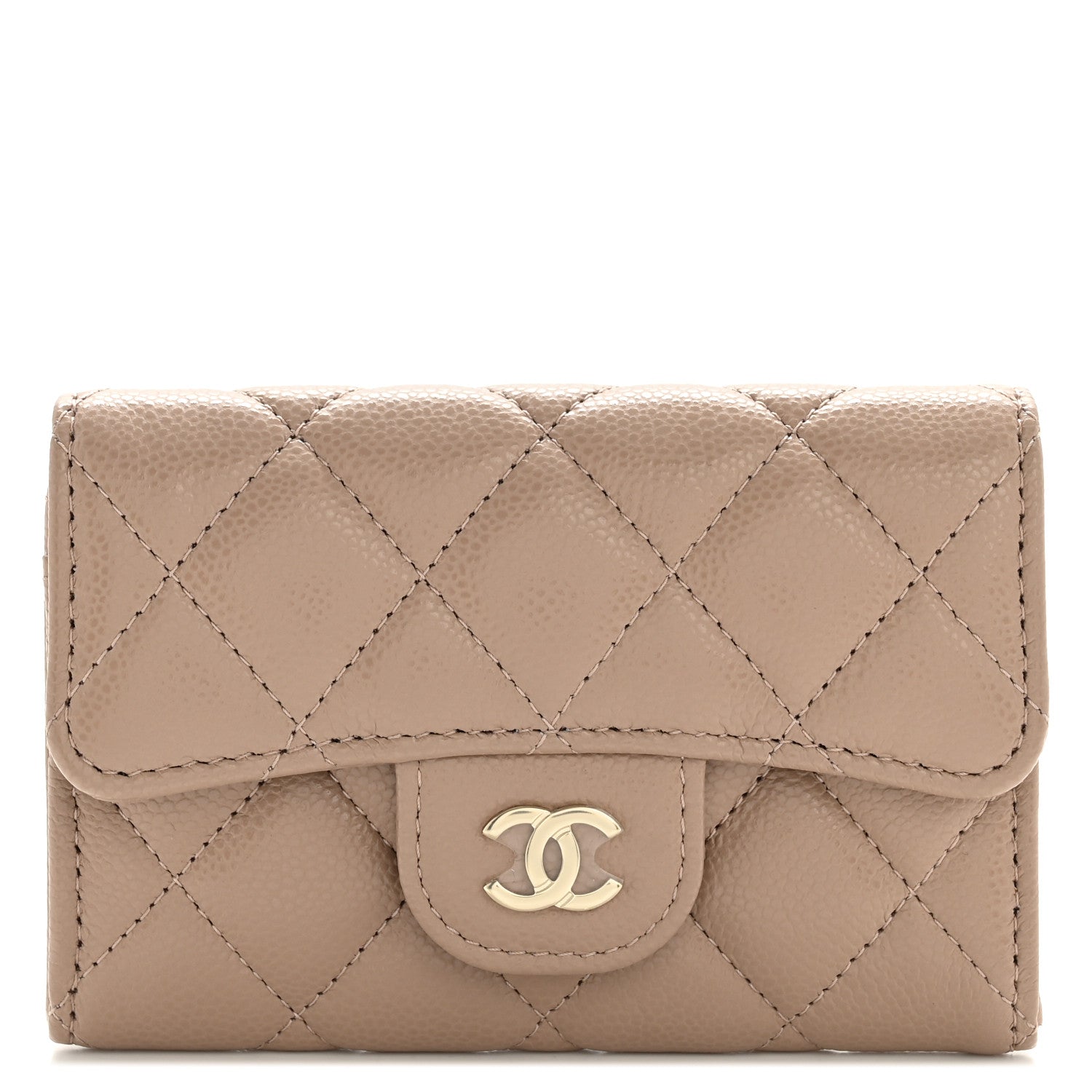 Caviar Quilted Flap  Holder Wallet Dark Beige
