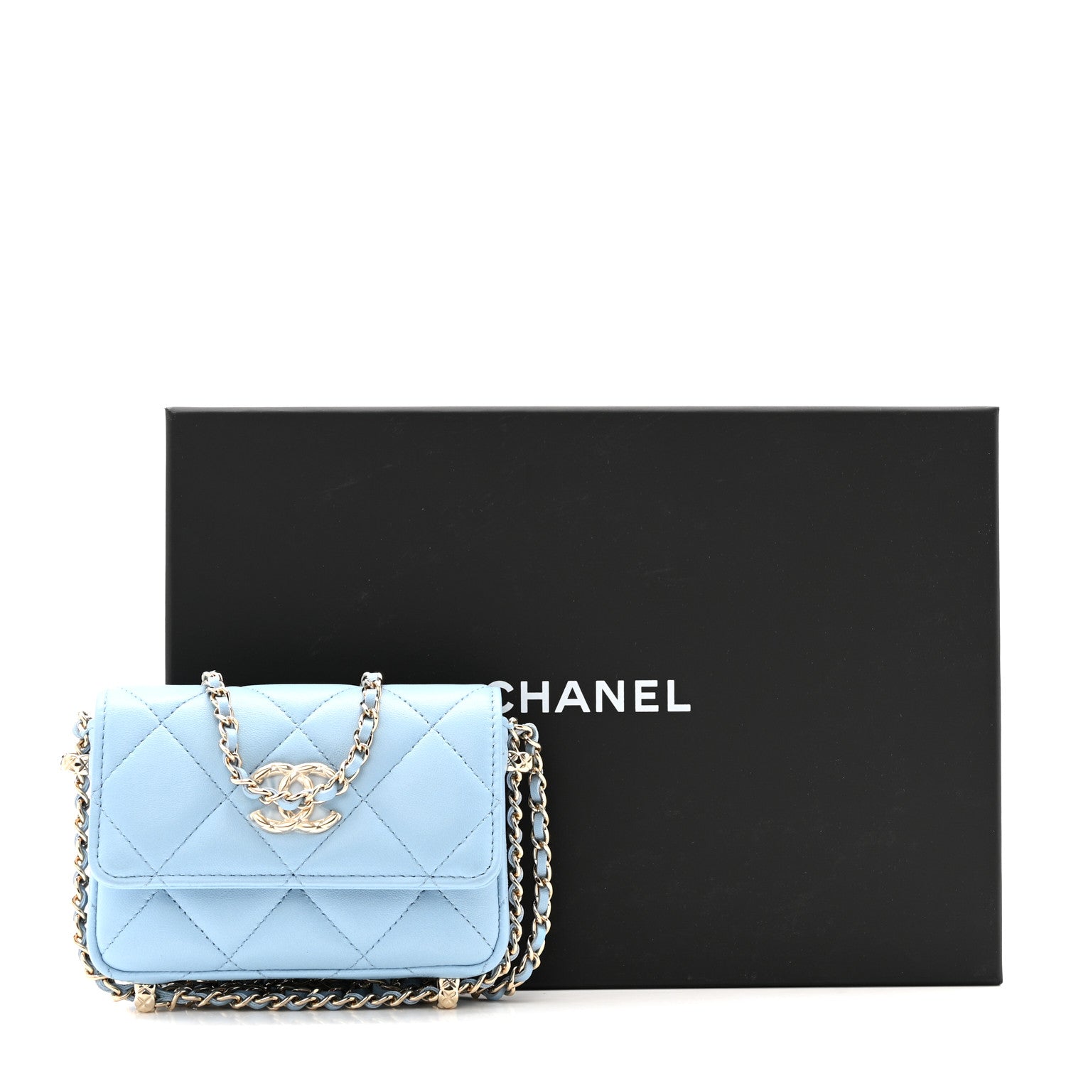 Lambskin Quilted Chain Around Coin Purse With Chain Light Blue
