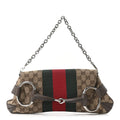 Monogram Textured Dollar Calfskin Heavy Grosgrain Web Medium Maxi Horsebit Chain Shoulder Bag Beige Ebony New Acero