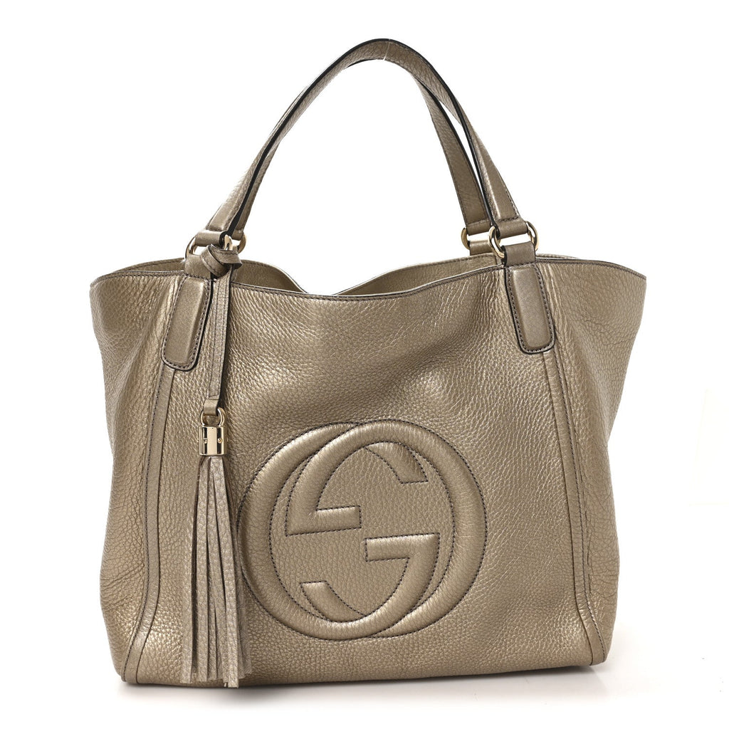 Metallic Pebbled Calfskin Medium Soho Shoulder Bag Golden Beige