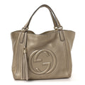 Metallic Pebbled Calfskin Medium Soho Shoulder Bag Golden Beige