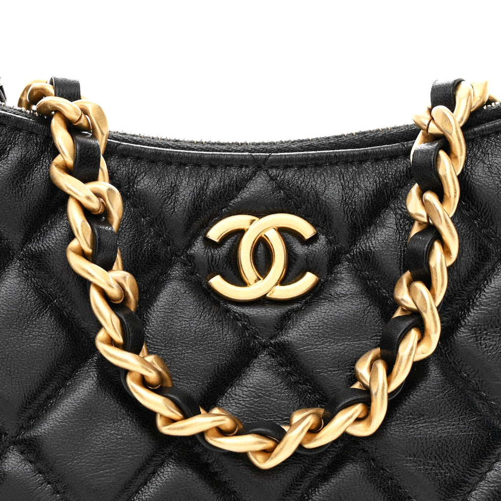 Lambskin Quilted Chain Around Top Handle Mini Bag Black