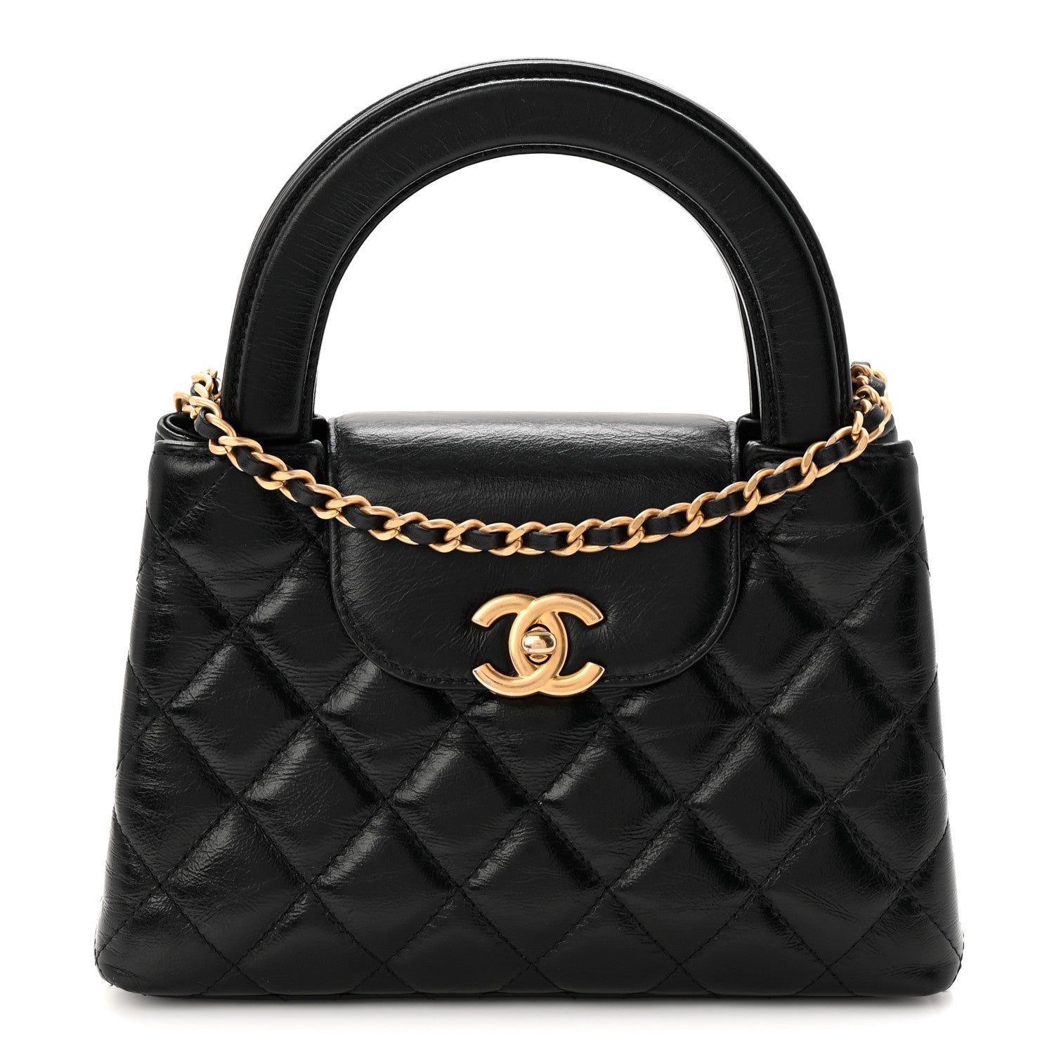 Shiny Aged Calfskin Quilted Nano Kelly Shopper Black