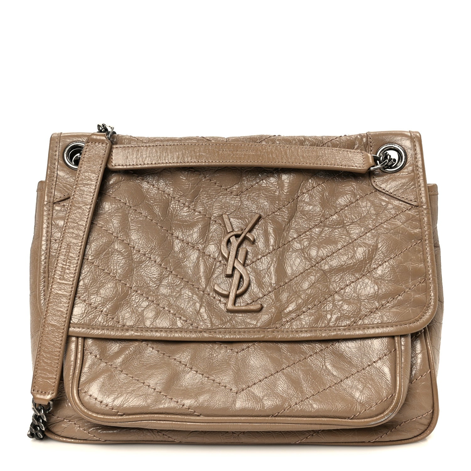 Crinkled Calfskin Matelasse Monogram Medium Niki Chain Satchel Light Taupe