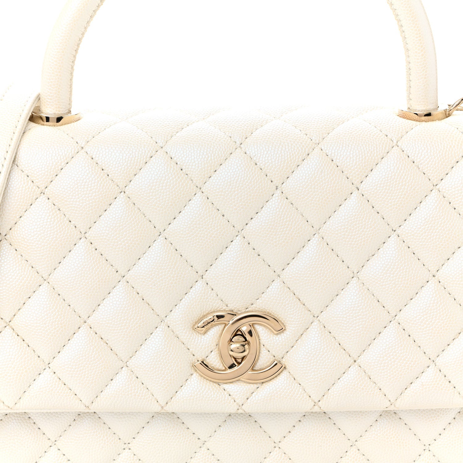 Iridescent Caviar Quilted Small Coco Handle Flap White