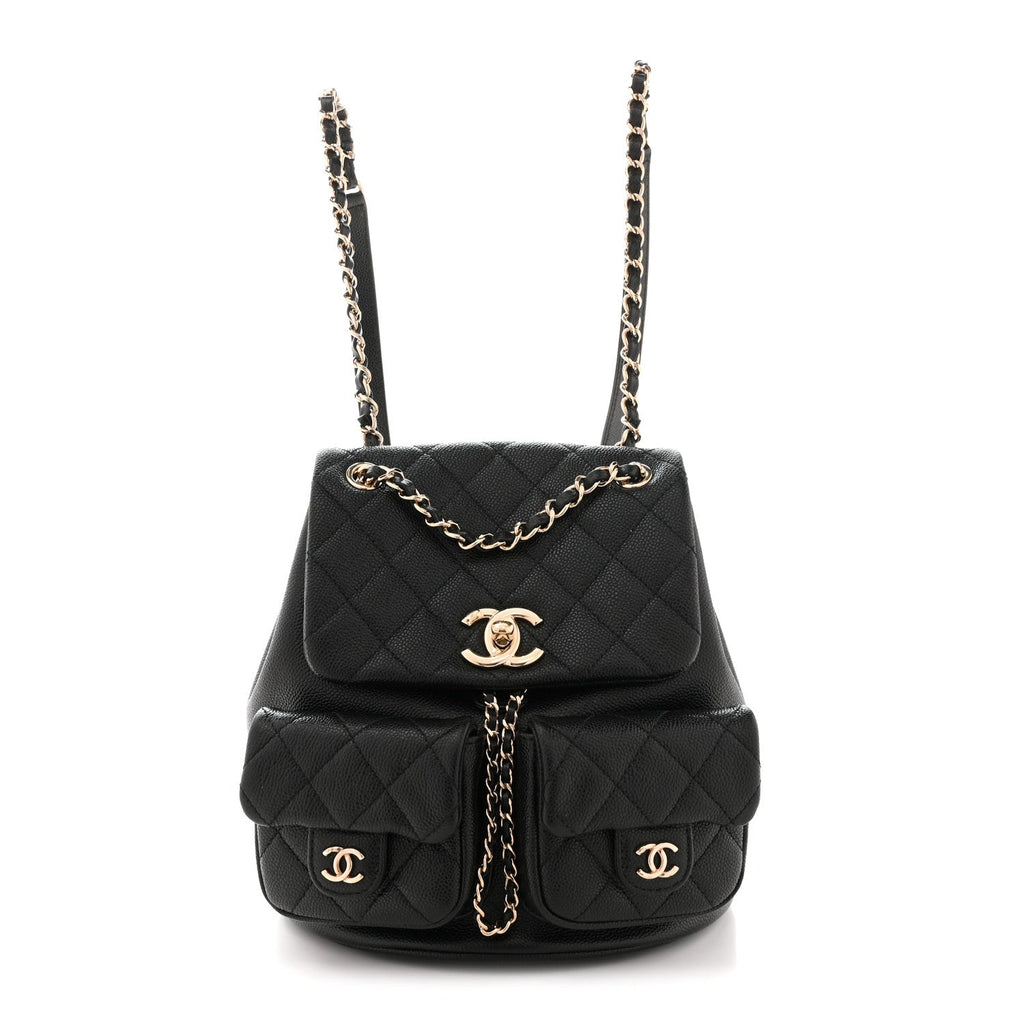 Shiny Caviar Quilted Medium Duma Pockets Drawstring Backpack Black