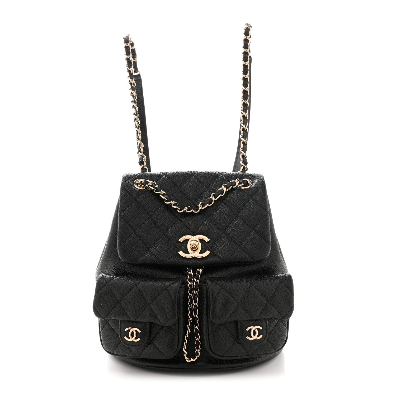 Shiny Caviar Quilted Medium Duma Pockets Drawstring Backpack Black