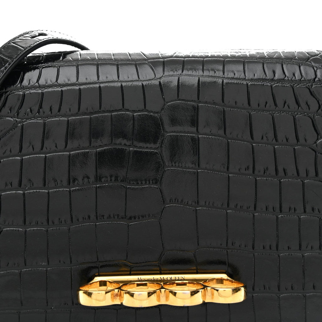 Calfskin Crocodile Embossed Four Ring Knuckle Crossbody Bag Black