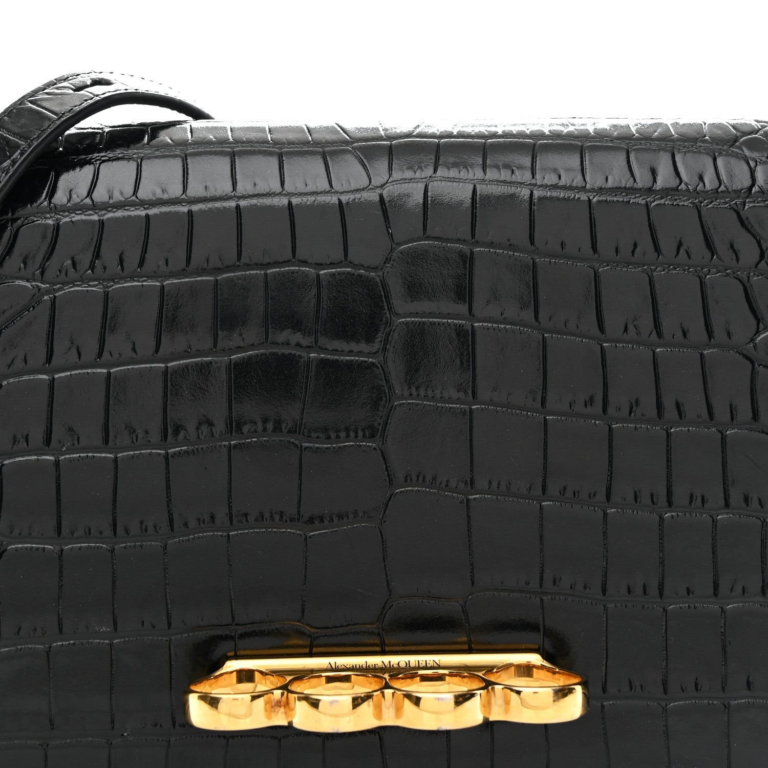 Calfskin Crocodile Embossed Four Ring Knuckle Crossbody Bag Black