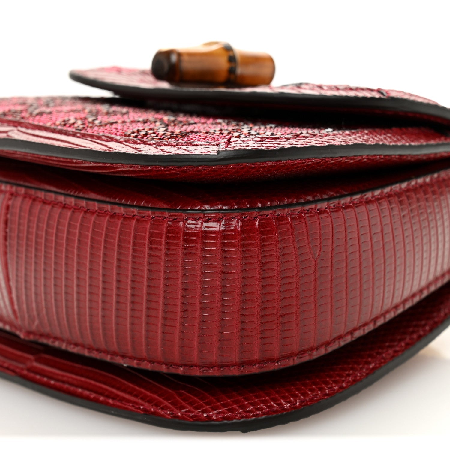 Moire Fabric Calfskin Rhinestone Monogram Monochrome Lizard Embossed Mini Bamboo 1947 Top Handle Chain Bag Red