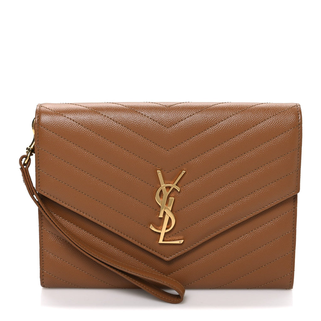 Grain De Poudre Matelasse Chevron Monogram Cassandre Flap Pouch Natural Dark