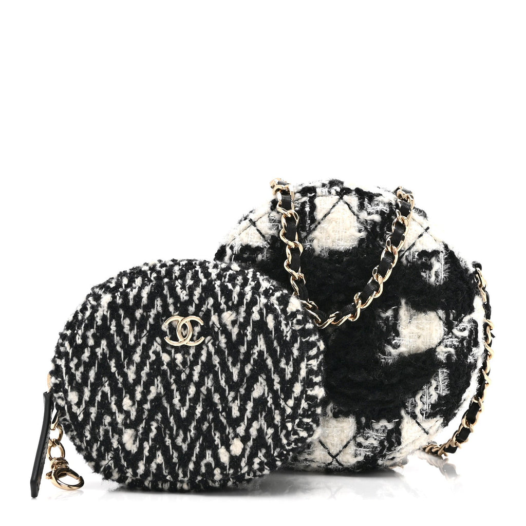 Wool Tweed Lambskin Quilted Round Clutch With Chain and Coin Purse Black White
