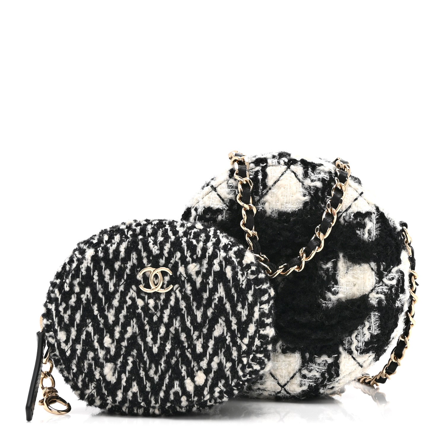 Wool Tweed Lambskin Quilted Round Clutch With Chain and Coin Purse Black White