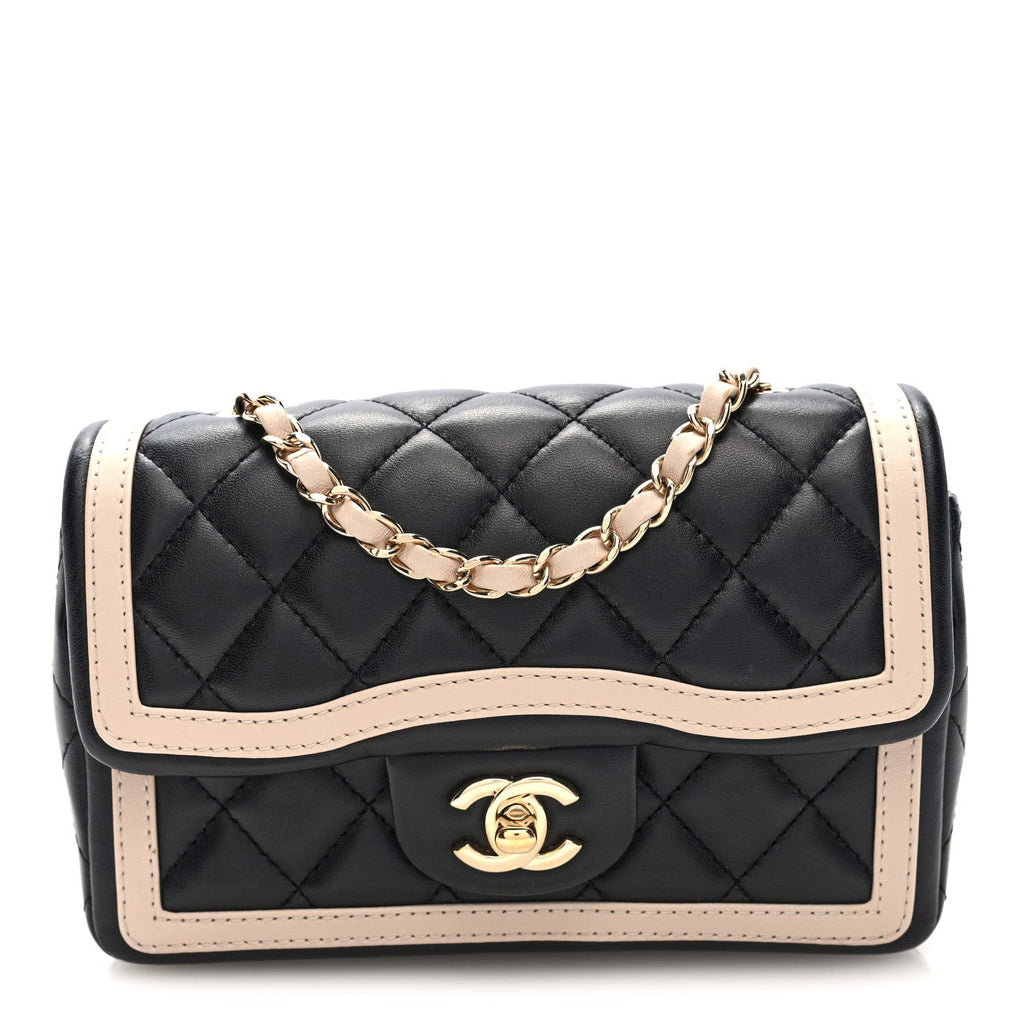 Shiny Lambskin Quilted Half Mini Flap Black Beige