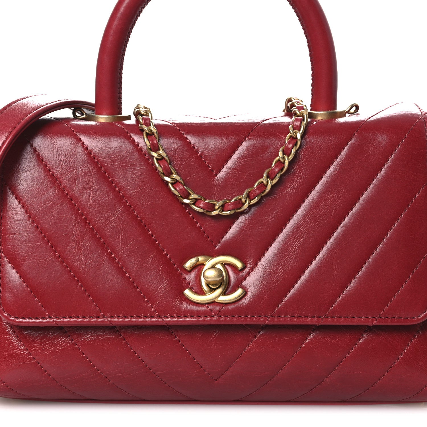 Aged Calfskin Chevron Quilted Mini Coco Handle Flap Red