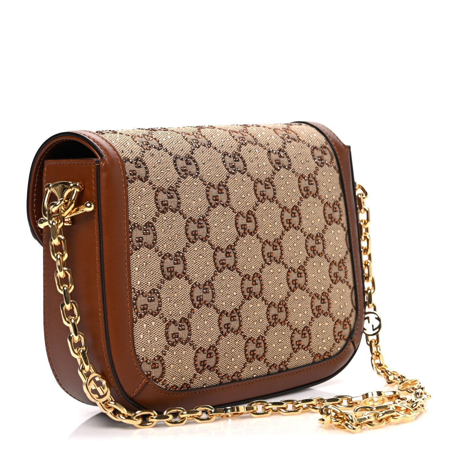 New Canvas Charisma Calfskin Crystal GG Monogram Mini Horsebit 1955 Shoulder Bag Camel Ebony