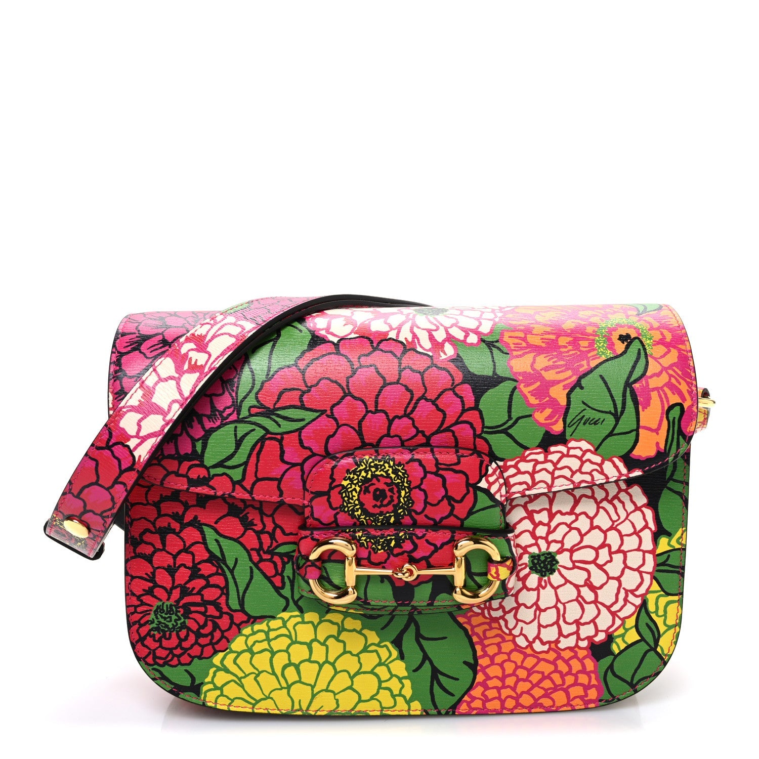 X KEN SCOTT Textured Calfskin Pomponica Print Horsebit 1955 Shoulder Bag Multicolor Fuxia Pompom