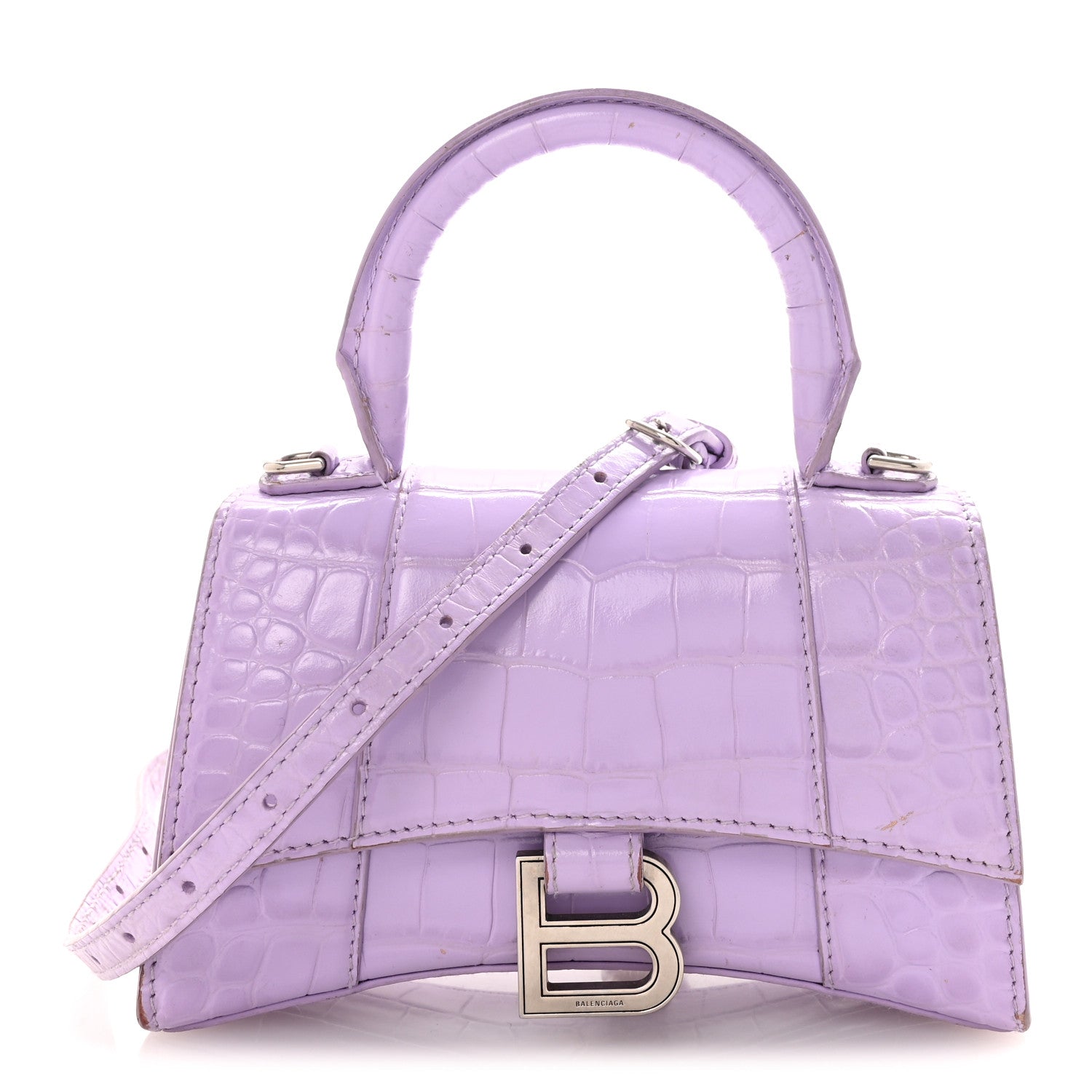 Shiny Calfskin Crocodile Embossed Hourglass Top Handle Bag XS Lilac
