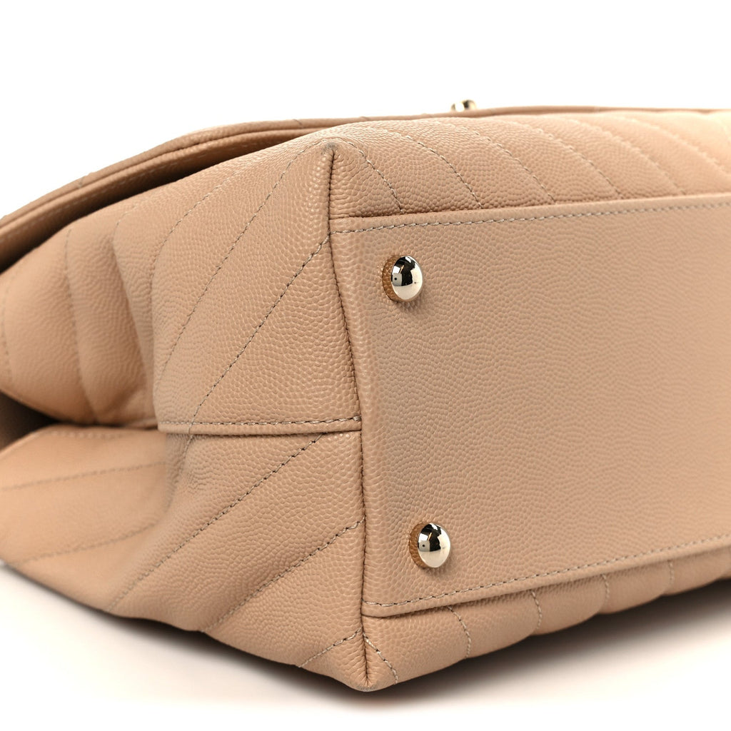 Caviar Chevron Quilted Small Coco Handle Flap Beige