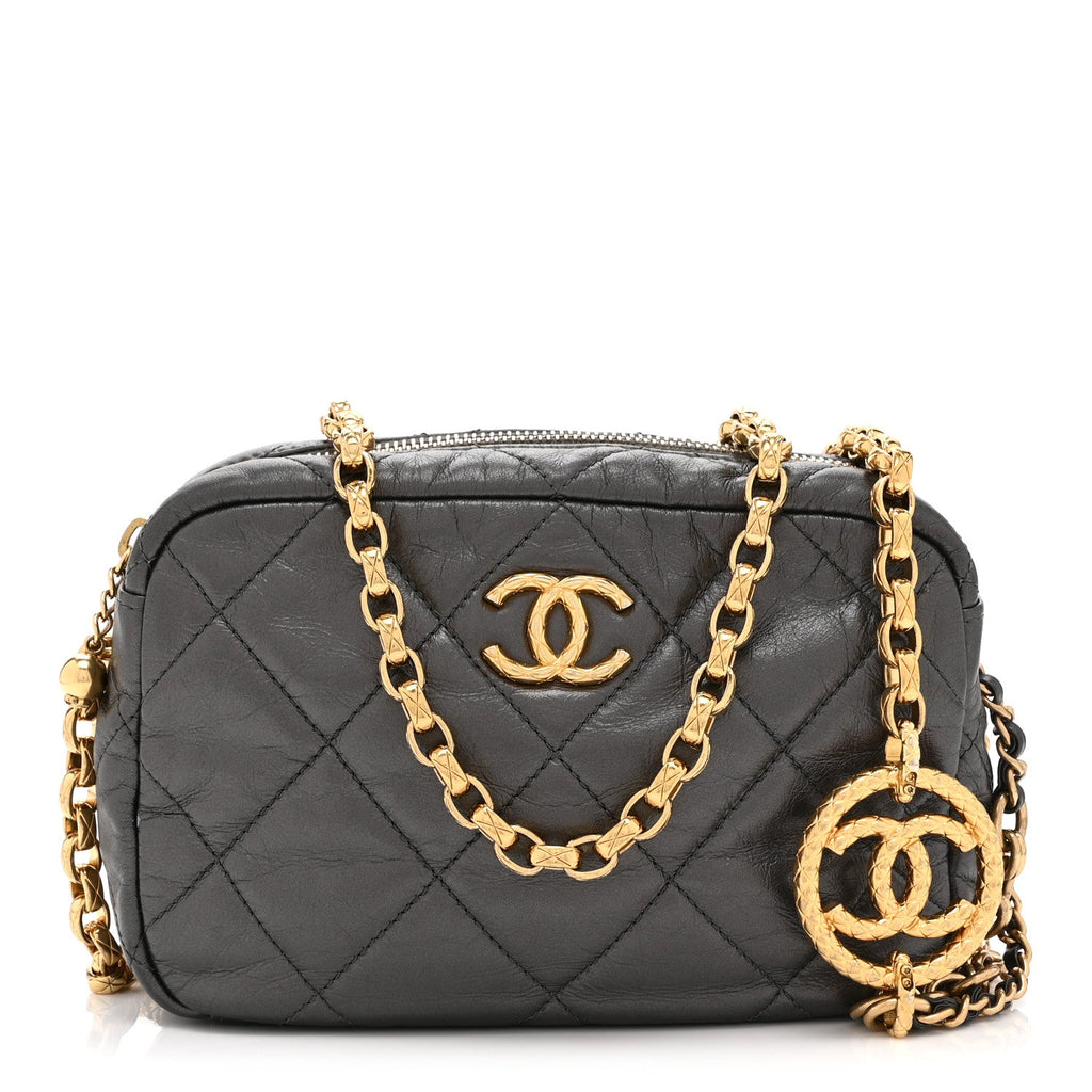 Metallic Calfskin Pearl Quilted CC Mini Camera Case Ruthenium