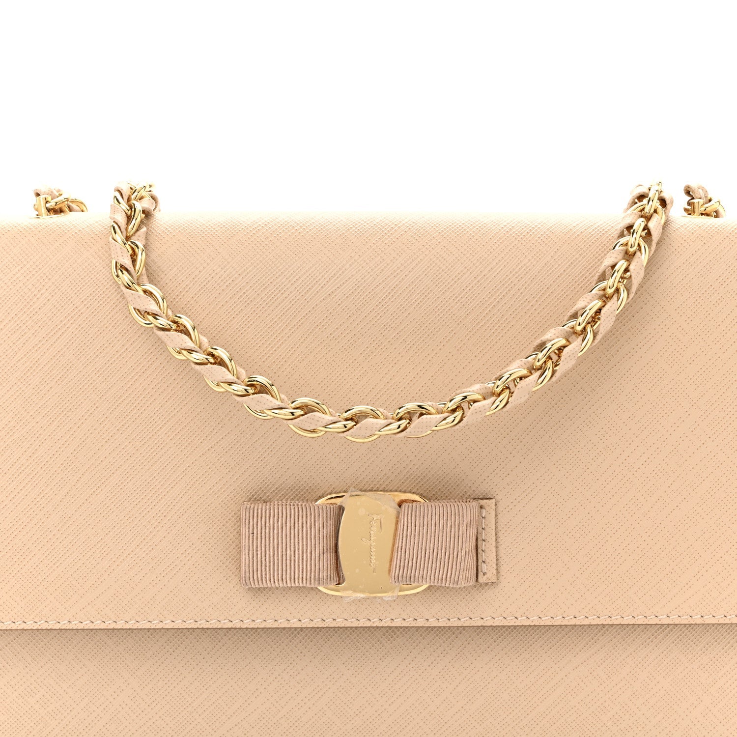 Printed Calfskin Vara Bow Chain Flap Crossbody Beige