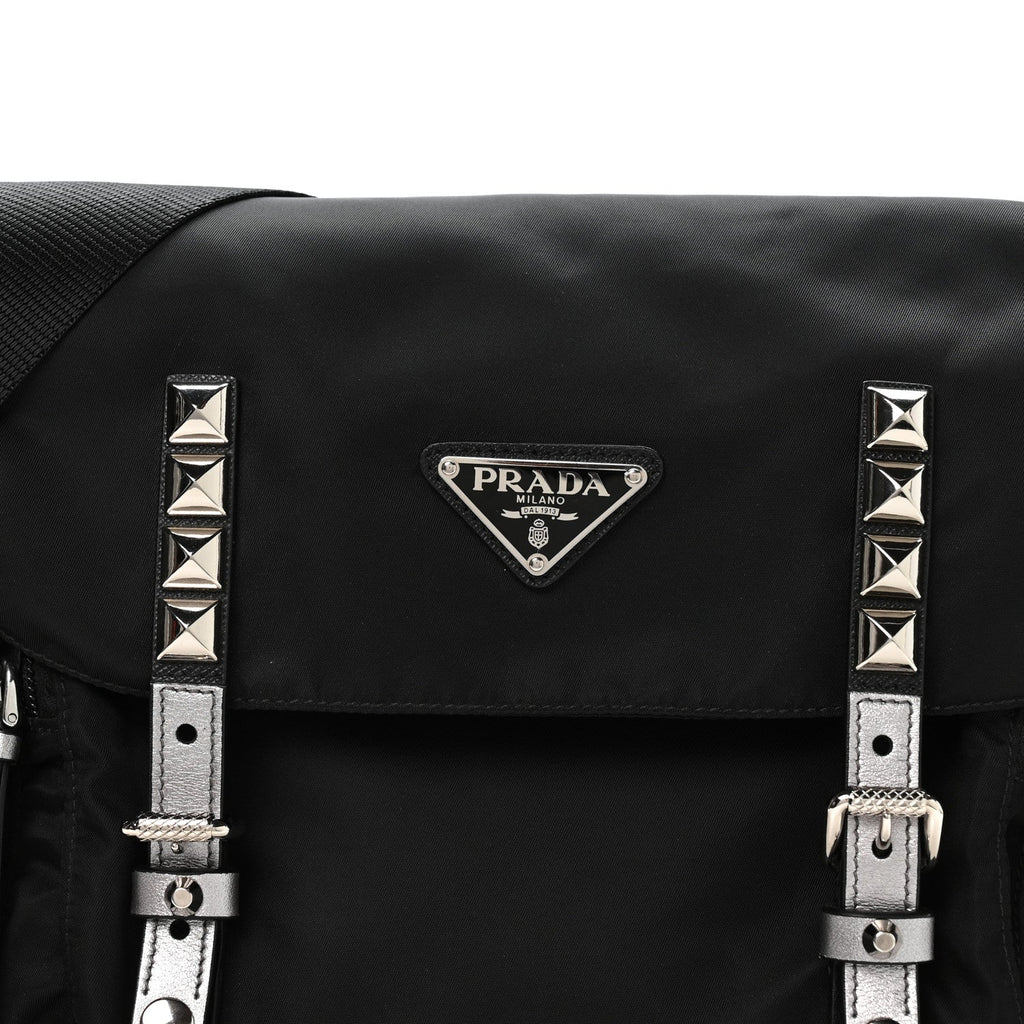 Nylon New Vela Studded Messenger Bag Black