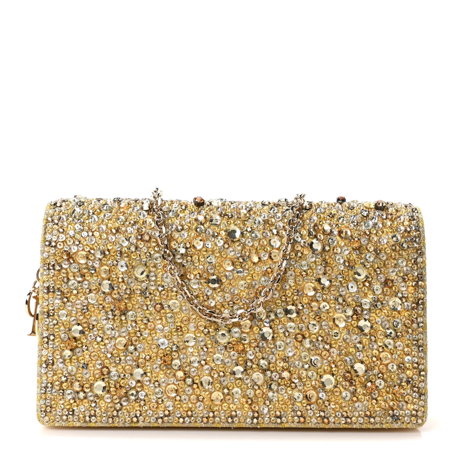 Calfskin Satin Bead Embroidery Lady Dior Clutch Gold Yellow