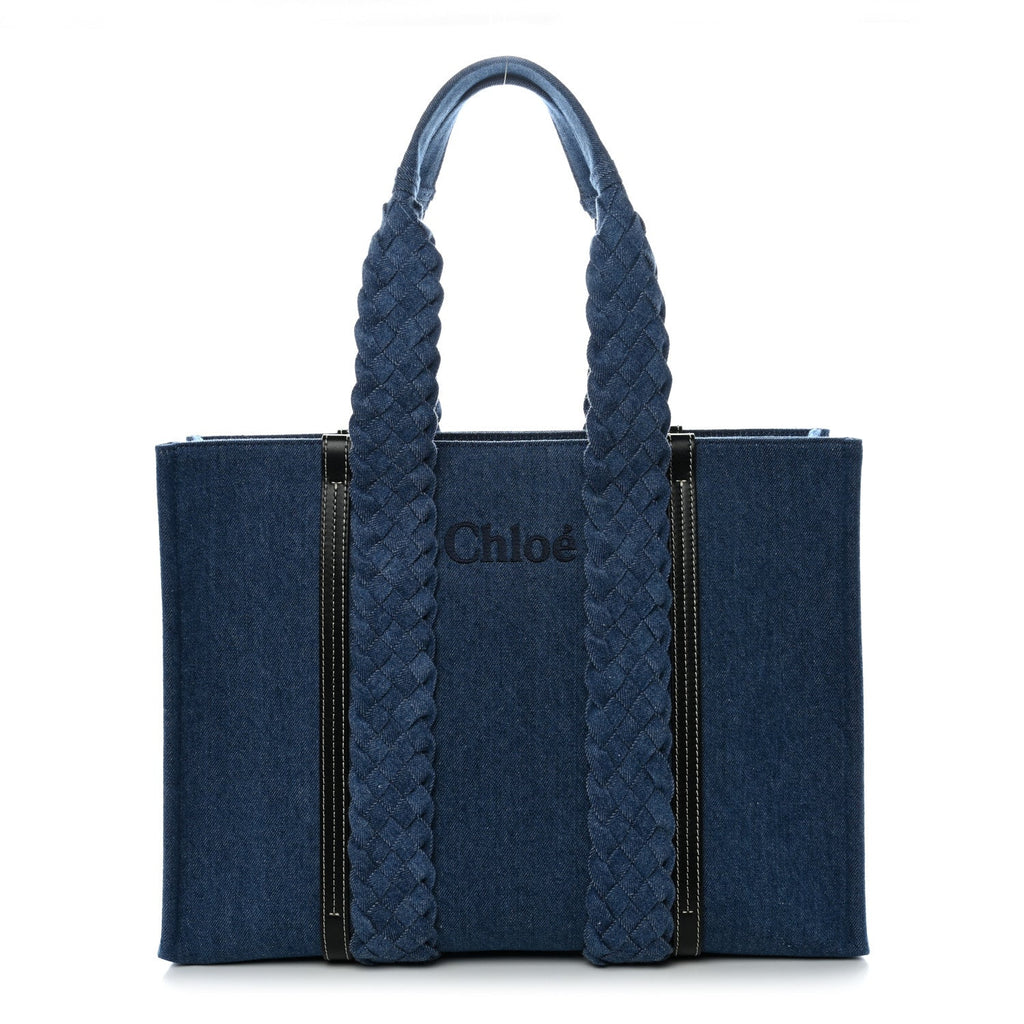 Denim Calfskin Large Braided Woody Ribbon Tote  Blue