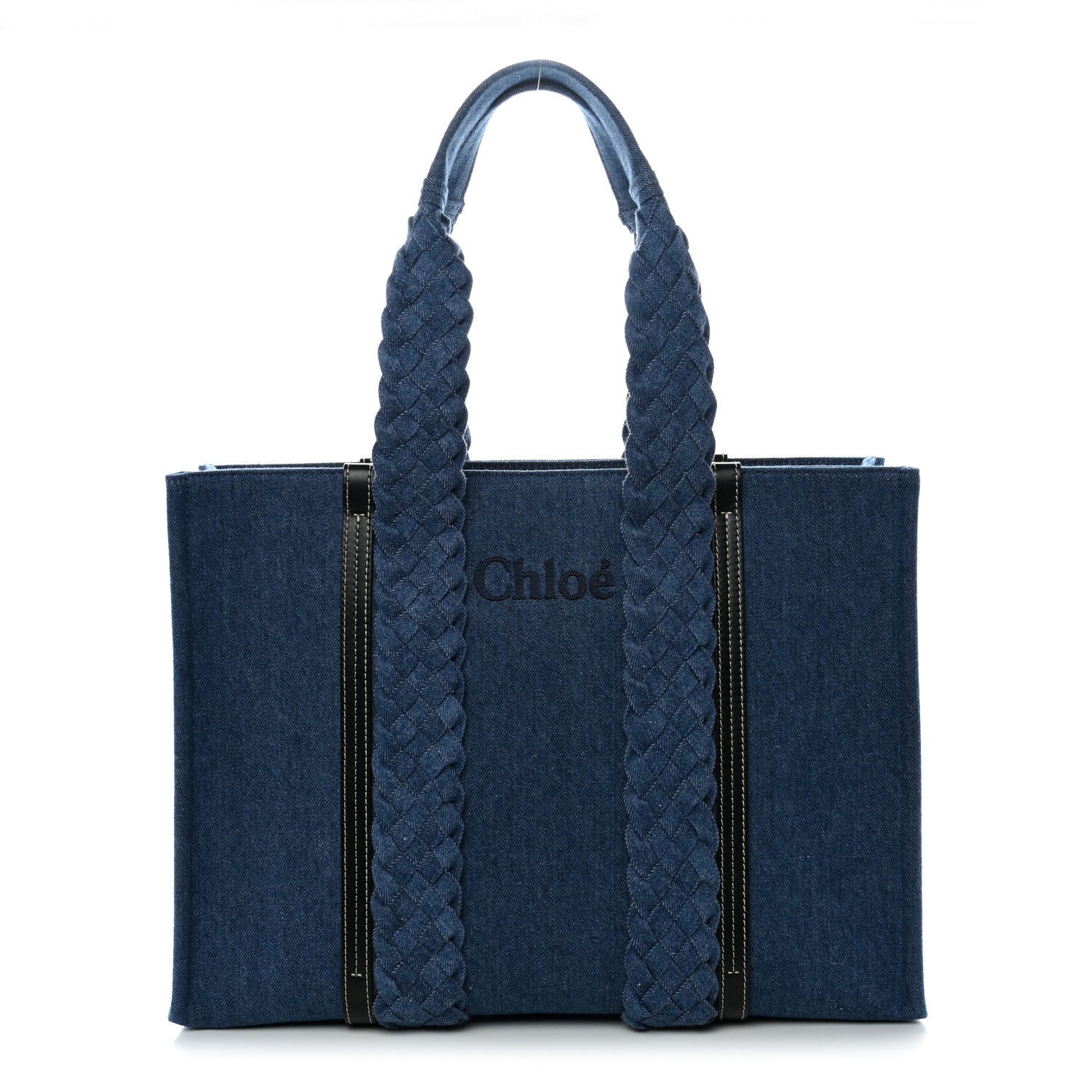 Denim Calfskin Large Braided Woody Ribbon Tote  Blue
