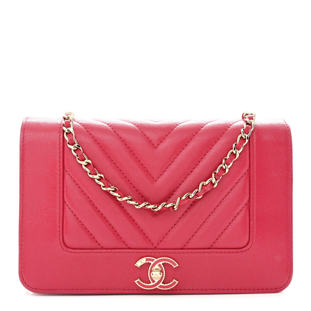 Sheepskin Chevron Quilted Vintage Mademoiselle Wallet On Chain WOC Dark Pink