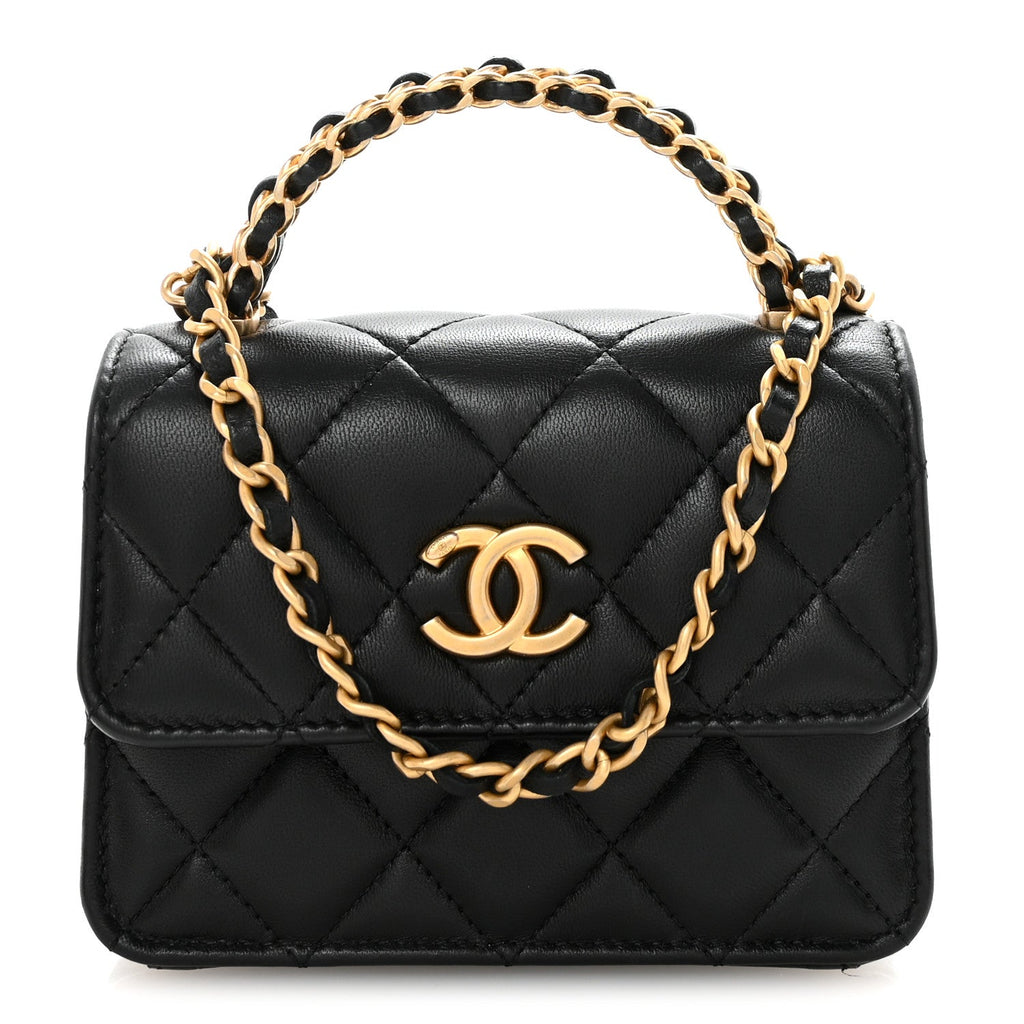 Lambskin Quilted Chain Top Handle Clutch With Chain Black