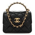 Lambskin Quilted Chain Top Handle Clutch With Chain Black