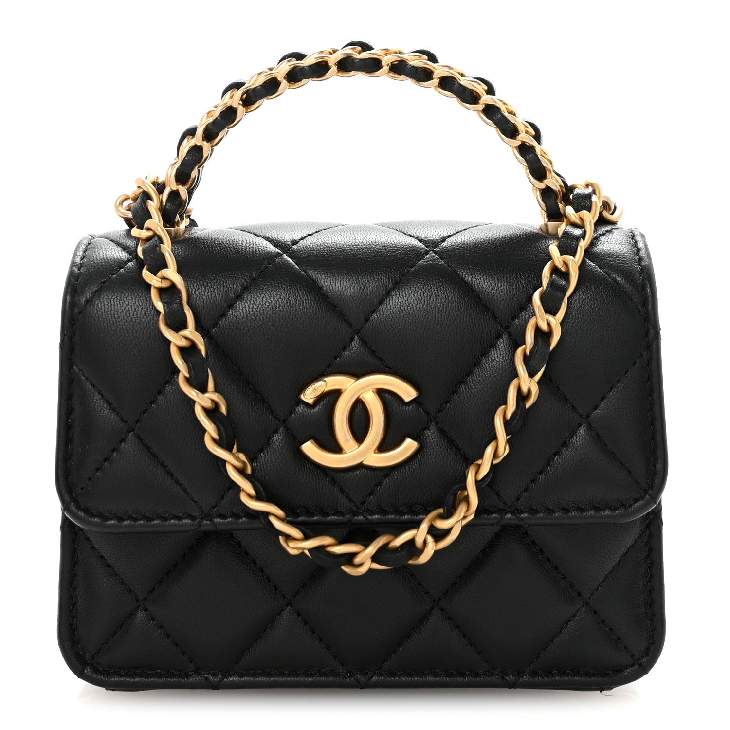 Lambskin Quilted Chain Top Handle Clutch With Chain Black