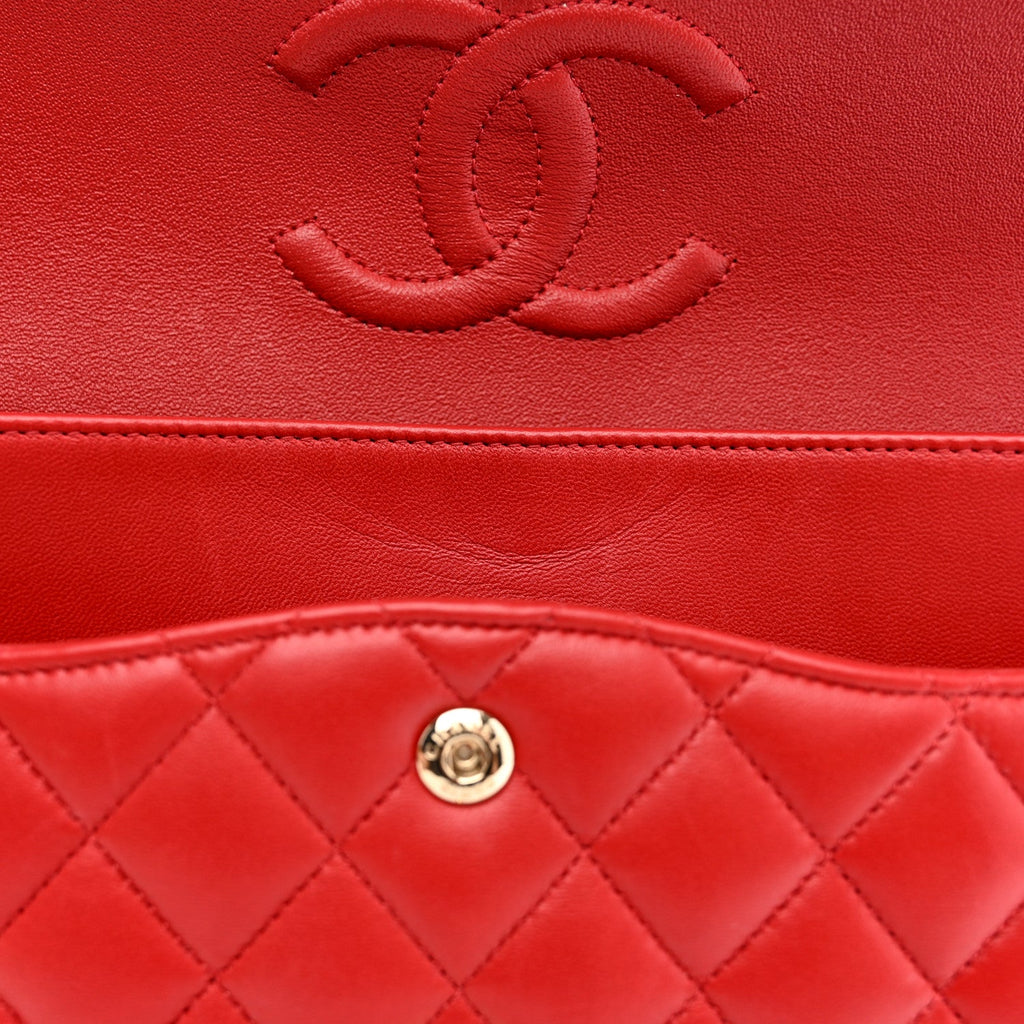 Lambskin Quilted Medium Double Flap Red