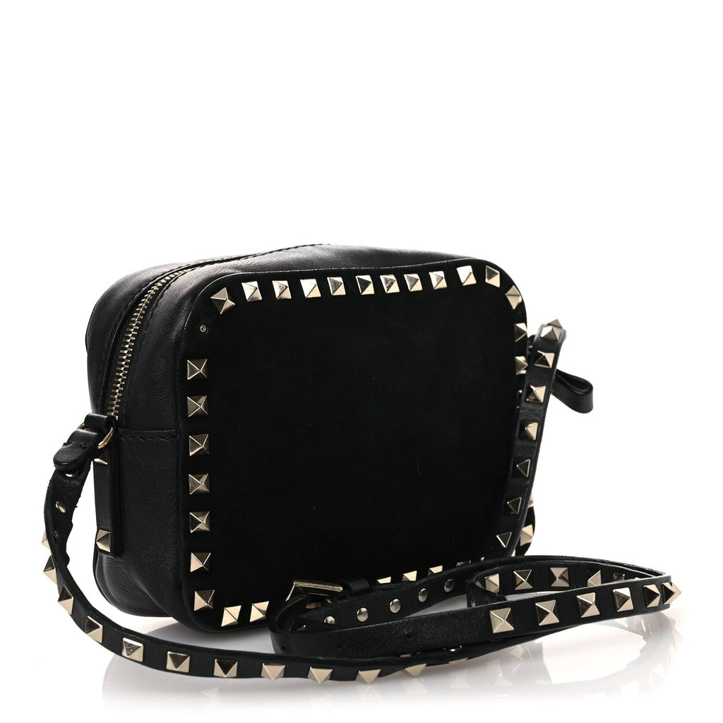 Calfskin Suede Rockstud Camera Crossbody Bag Black