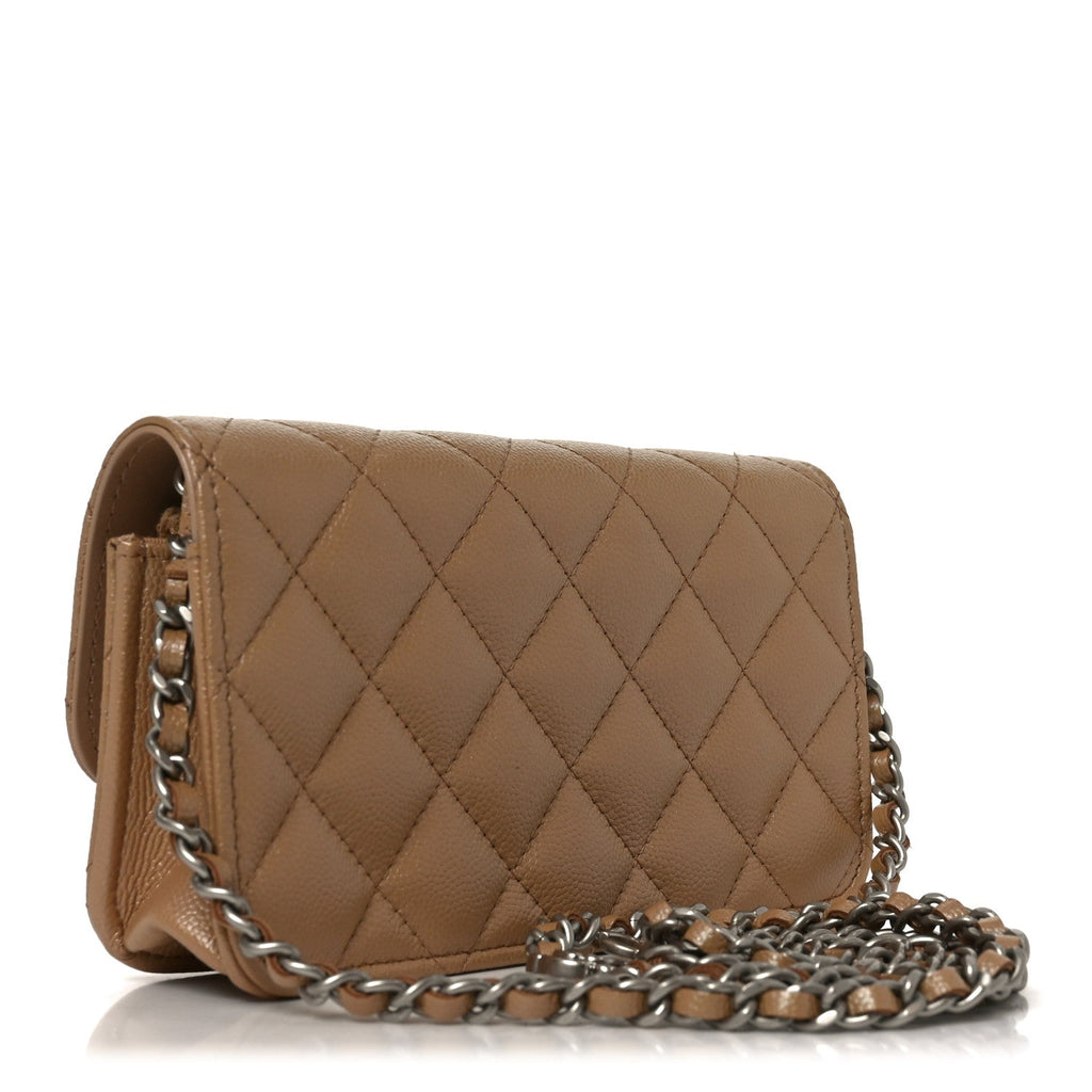 Iridescent Caviar Quilted Camellia Phone Holder With Chain Beige