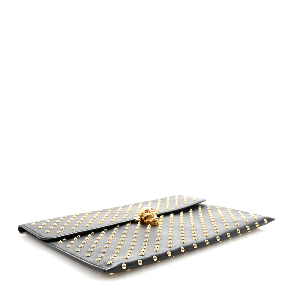 Calfskin Studded Skull Envelope Clutch Black