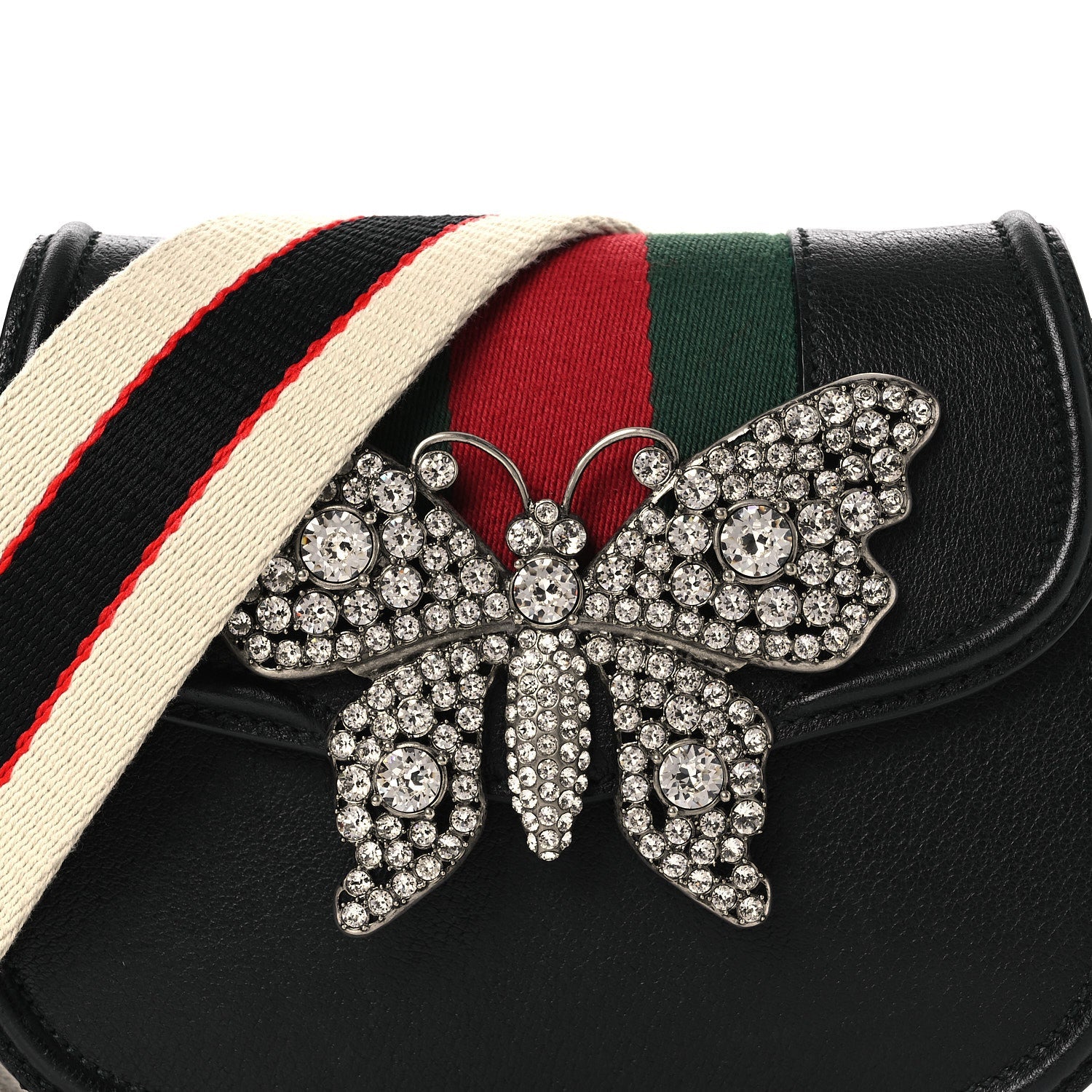 Calfskin Web Crystal Butterfly Stripe Small Totem Shoulder Bag Black