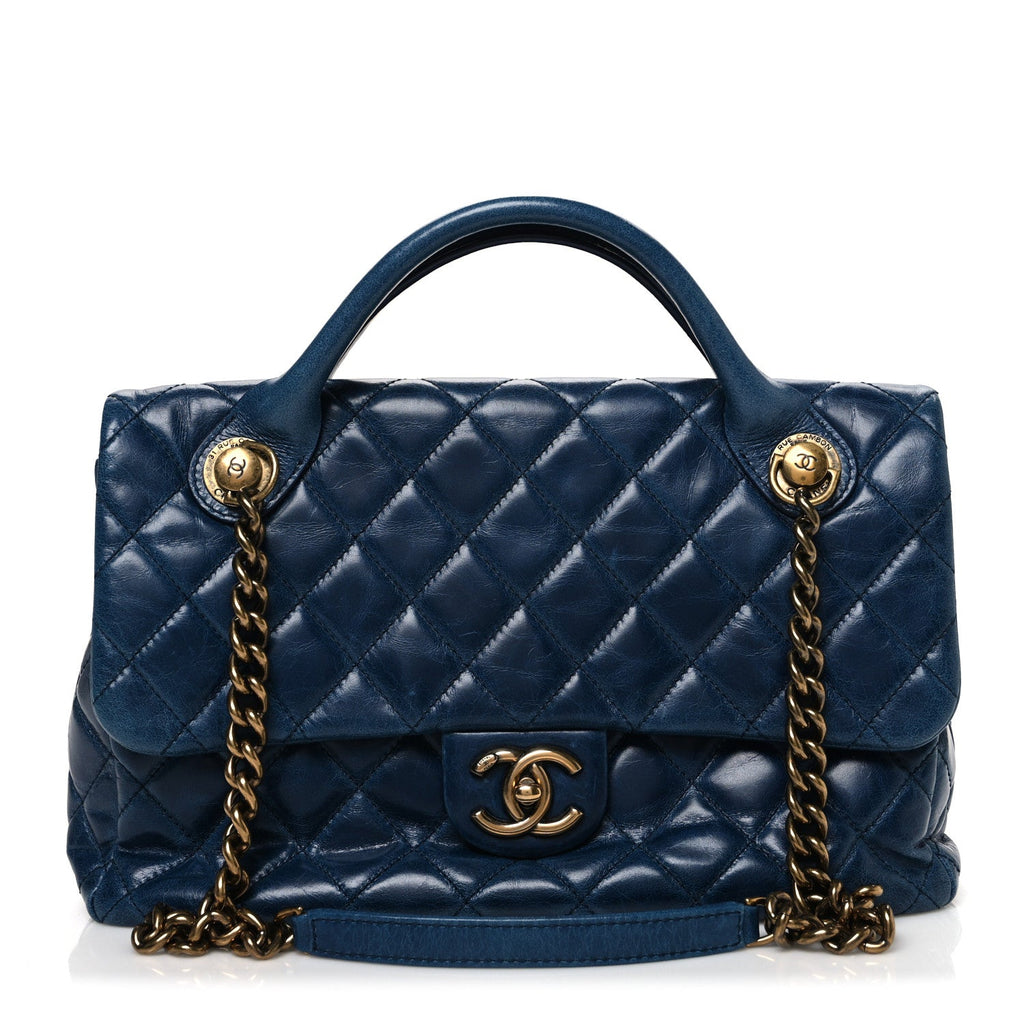 Glazed Calfskin Castle Rock Medium Flap Blue